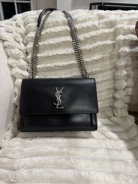 Saint Laurent Black Leather YSL Logo Chain Shoulder Bag